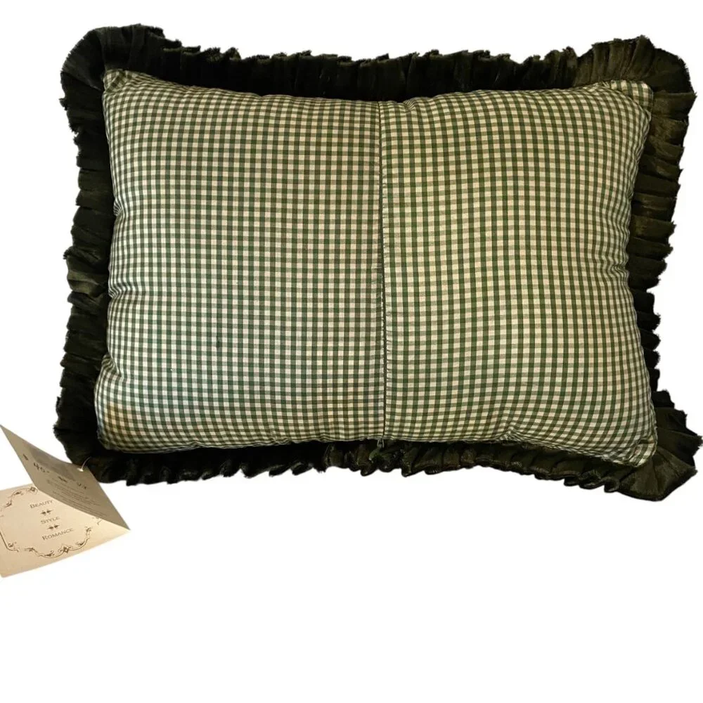 Green Satin‎ Gingham Pillow Red Floral Ribbon Embroidery Floral Rhein Silvestri